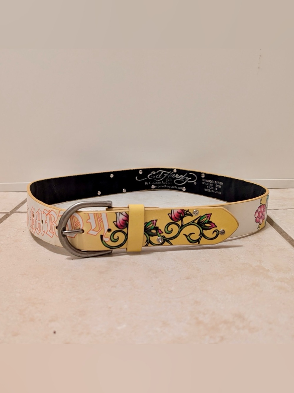 Real Y2K Vintage Ed Hardy Leather Tattoo Belt Yellow Rose Pattern